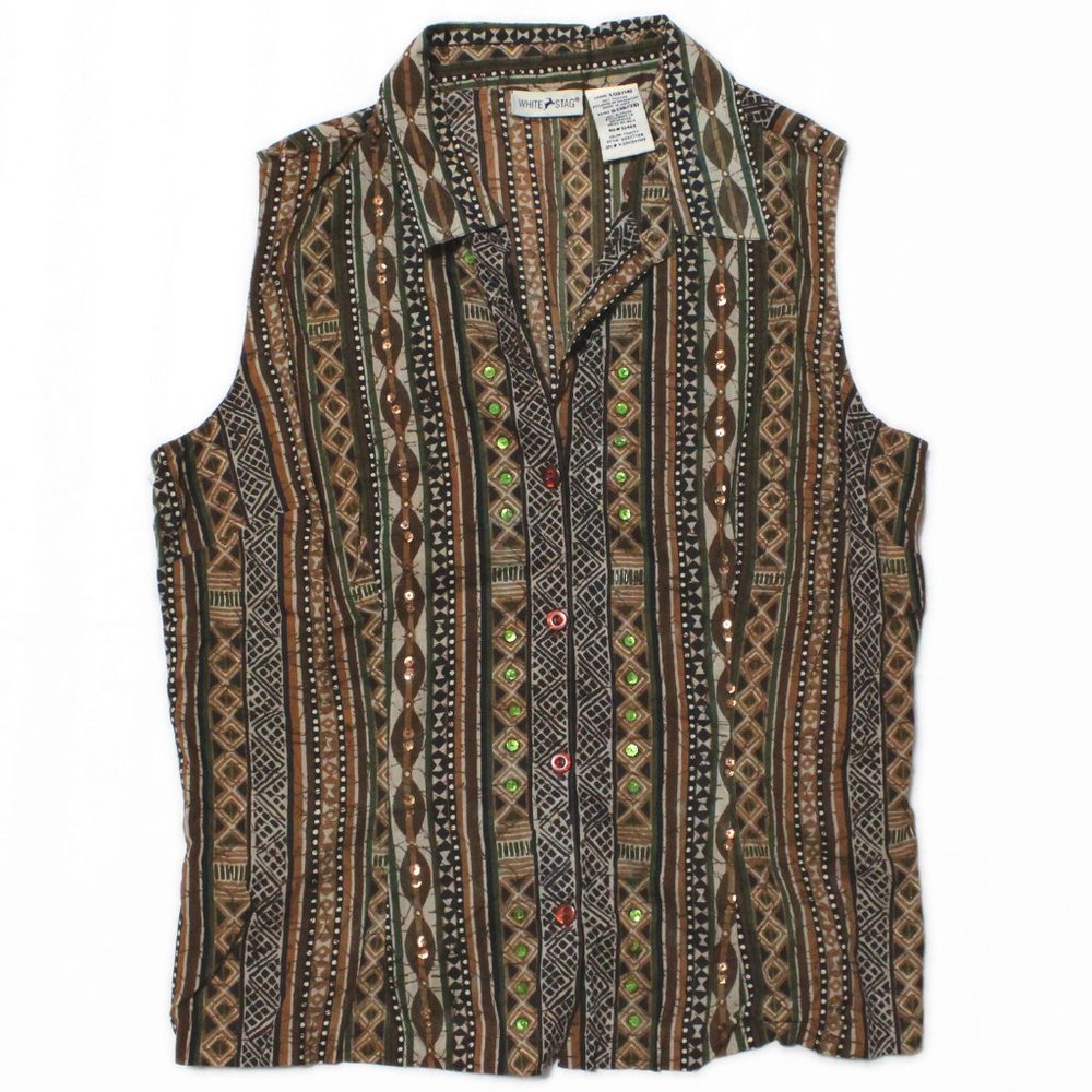 🌊Sleeveless Tribal Print Button Down Top Size L